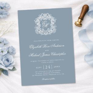 Invitación Elegante Cresta de Boda en Azul Polvoriento con Mo