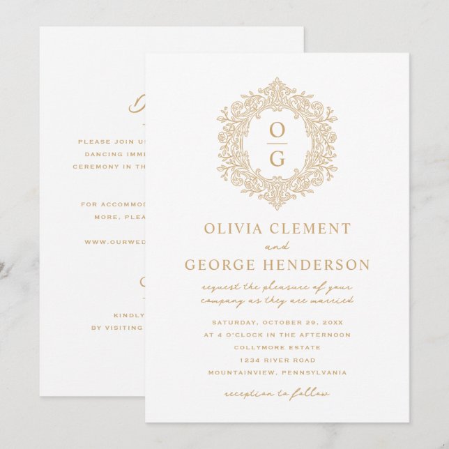 Invitación Elegante Cresta de Bodas de Oro Heirloom (Anverso / Reverso)