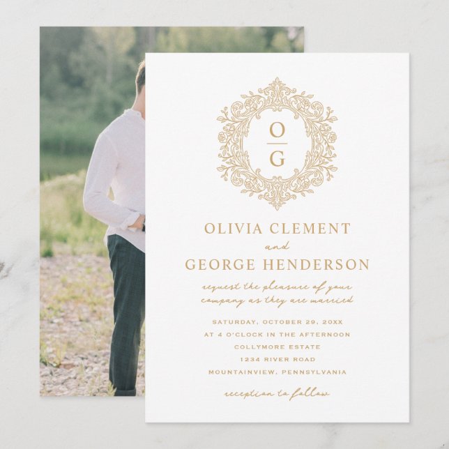 Invitación Elegante Cresta de Bodas de Oro Heredada (Anverso / Reverso)