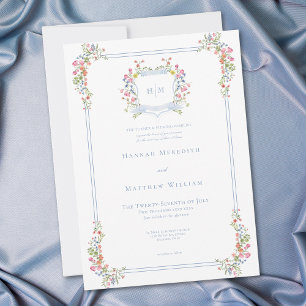 Invitación Elegante Cresta de Flor Silvestre Pastel Azul Polv