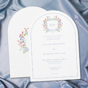 Invitación Elegante Cresta de Flor Silvestre Pastel Azul Polv