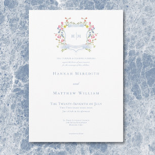 Invitación Elegante Cresta de Flor Silvestre Pastel Azul Polv