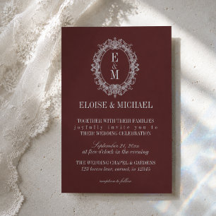 Invitación Elegante Cresta de Monograma Azul Francés y Borgoñ