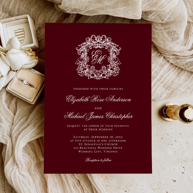 Invitación Elegante Cresta de Monograma Burgundy para Boda (Subido por el creador)