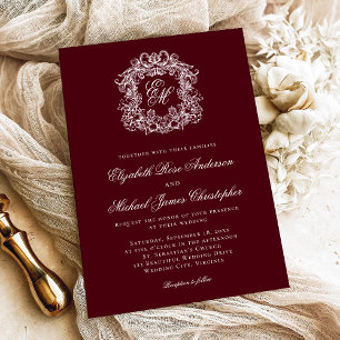 Invitación Elegante Cresta de Monograma de Boda en Burgundy O