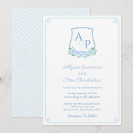 Invitación Elegante cresta de monograma de hortensia azul par