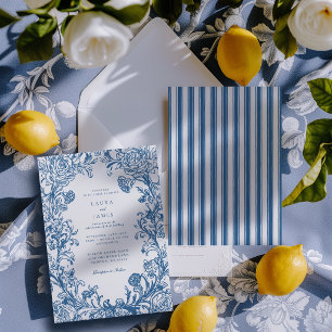 Invitación Elegante Cresta Floral Azul con Espalda Rayada de 