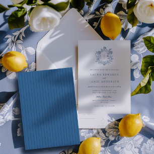 Invitación Elegante Cresta Floral Azul con Espalda Rayada de 