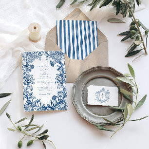 Invitación Elegante cresta floral azul con espalda rayada par