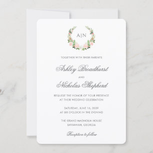 Invitación Elegante cresta floral de acuarela para boda