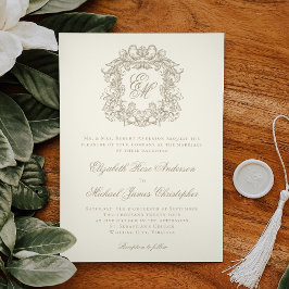 Invitación Elegante Cresta Monograma de Boda Vintage Marfil
