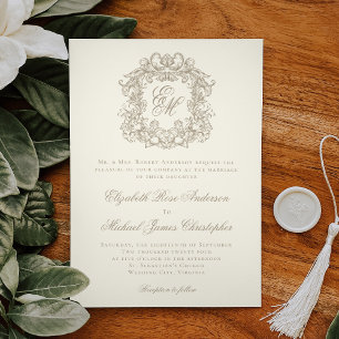 Invitación Elegante Cresta Monograma de Boda Vintage Marfil