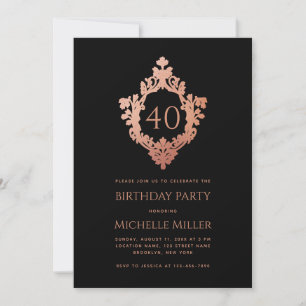 Invitación Elegante Cresta Rosa Negro Cumpleaños 40 años