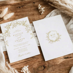 Invitación Elegante cresta vintage oro botánico boda
