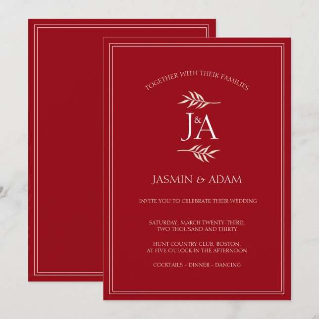 Invitación Elegante Crimson Red Classic Monograma Boda (Anverso / Reverso)