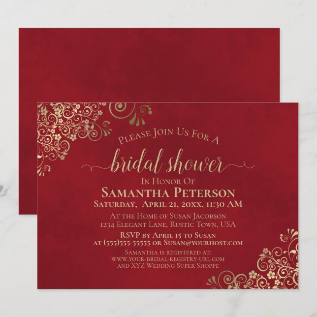 Invitación Elegante Crimson Red & Gold Lace Bridal Shower (Anverso / Reverso)