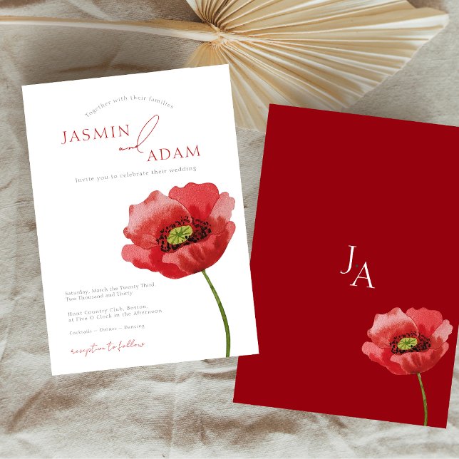 Invitación Elegante Crimson Red Poppy Floral Boda (Elegant Crimson Red Poppy Floral Wedding Invitation)