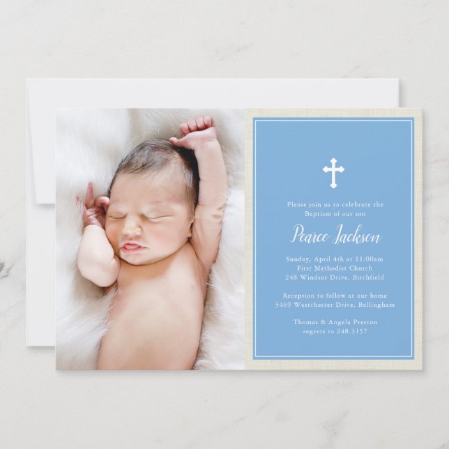 Invitación Elegante Cross Blue Photo Baptism Christening (Anverso)