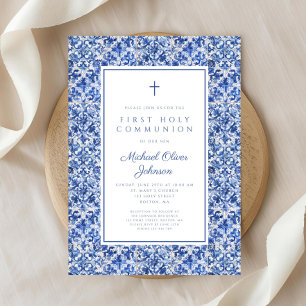 Invitación Elegante Cross Blue Tiles Boy Primera Comunión