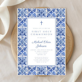 Invitación Elegante Cross Blue Tiles Boy Primera Comunión