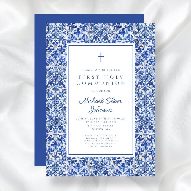 Invitación Elegante Cross Blue Tiles Boy Primera Comunión (Elegant Cross Blue Tiles Boy First Communion Invitation)