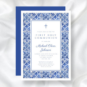 Invitación Elegante Cross Blue Tiles Boy Primera Comunión