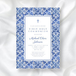 Invitación Elegante Cross Blue Tiles Boy Primera Comunión