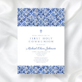 Invitación Elegante Cross Blue Tiles Boy Primera Comunión