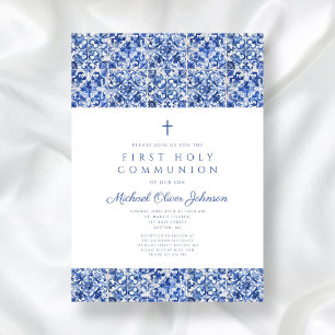 Invitación Elegante Cross Blue Tiles Boy Primera Comunión