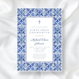 Invitación Elegante Cross Blue Tiles Boy Primera Comunión