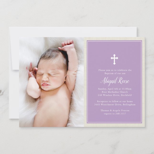 Invitación Elegante Cross Purple Photo Baptism Christening (Anverso)
