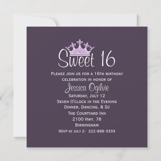 Invitación Elegante Crown Dark Plum Sweet 16 Cumpleaños (Anverso)