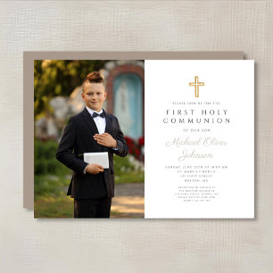 Invitación Elegante Cruce Foto Niño Primera Comunión Taupe