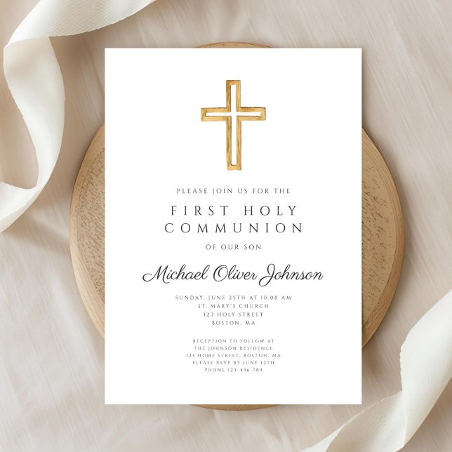 Invitación Elegante Cruce Religiosa Primera Santa Comunión (Elegant Mauve Cross Religious Girl First Communion Invitation)