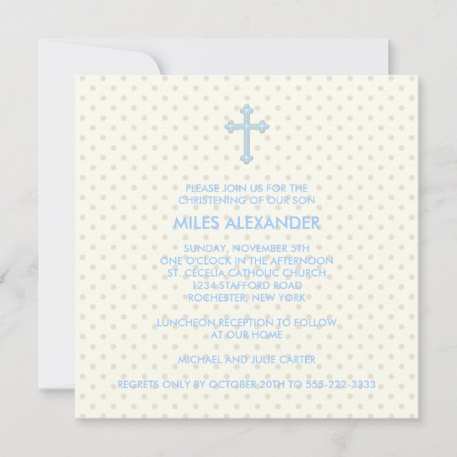 Invitación Elegante cruz azul beige (Anverso)