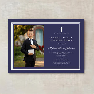 Invitación Elegante cruz azul de la marina foto primera comun
