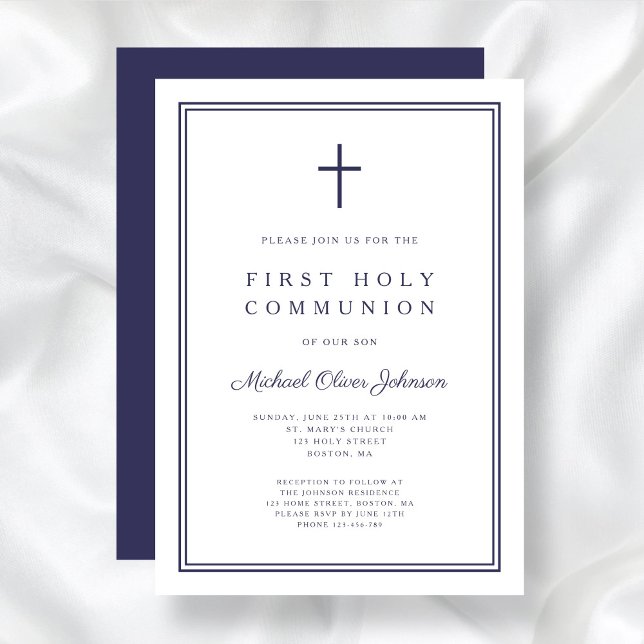 Invitación Elegante cruz azul de la marina Primera comunión s (Elegant Navy Blue Cross Boy First Holy Communion Invitation)