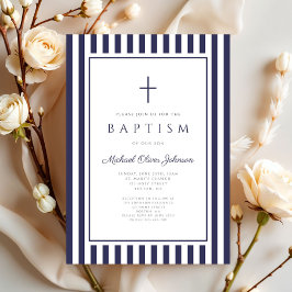 Invitación Elegante Cruz Azul Marino Bautizo Niño