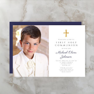 Invitación Elegante Cruz Azul Marino Foto Niño Primera Comuni