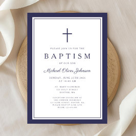 Invitación Elegante Cruz Azul Marino Niño Bautizo