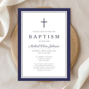 Invitación Elegante Cruz Azul Marino Niño Bautizo