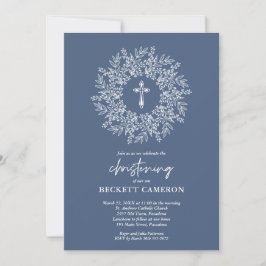 Invitación Elegante Cruz Azul Religiosa Bautizo de Niño