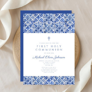 Invitación Elegante Cruz Azulejos Azules Niño Primera Comunió