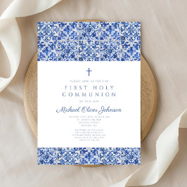 Invitación Elegante Cruz Baldosas Azules Niño Primera Comunió
