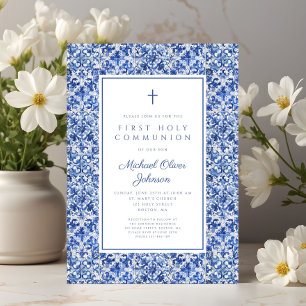 Invitación Elegante Cruz Baldosas Azules Niño Primera Comunió