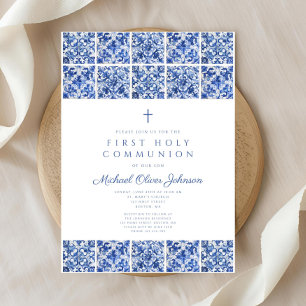 Invitación Elegante Cruz Baldosas Azules Niño Primera Comunió