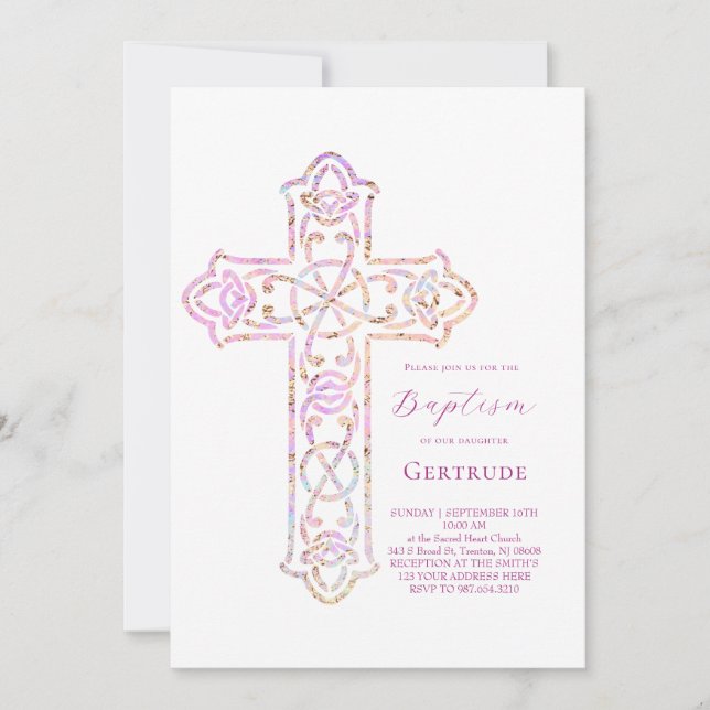 Invitación elegante cruz Bautismo (Anverso)