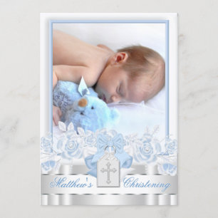 Invitación Elegante Cruz Blanca Bautizo Azul Bebé Foto