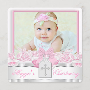 Invitación Elegante Cruz Blanca Rosa Foto Bautizo