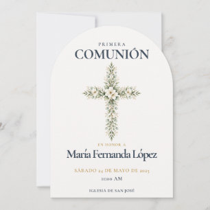 Invitación Elegante Cruz Botánica para Primera Comunión